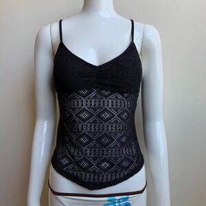 Hula Honey black crochet lace cross back apron style tankini top